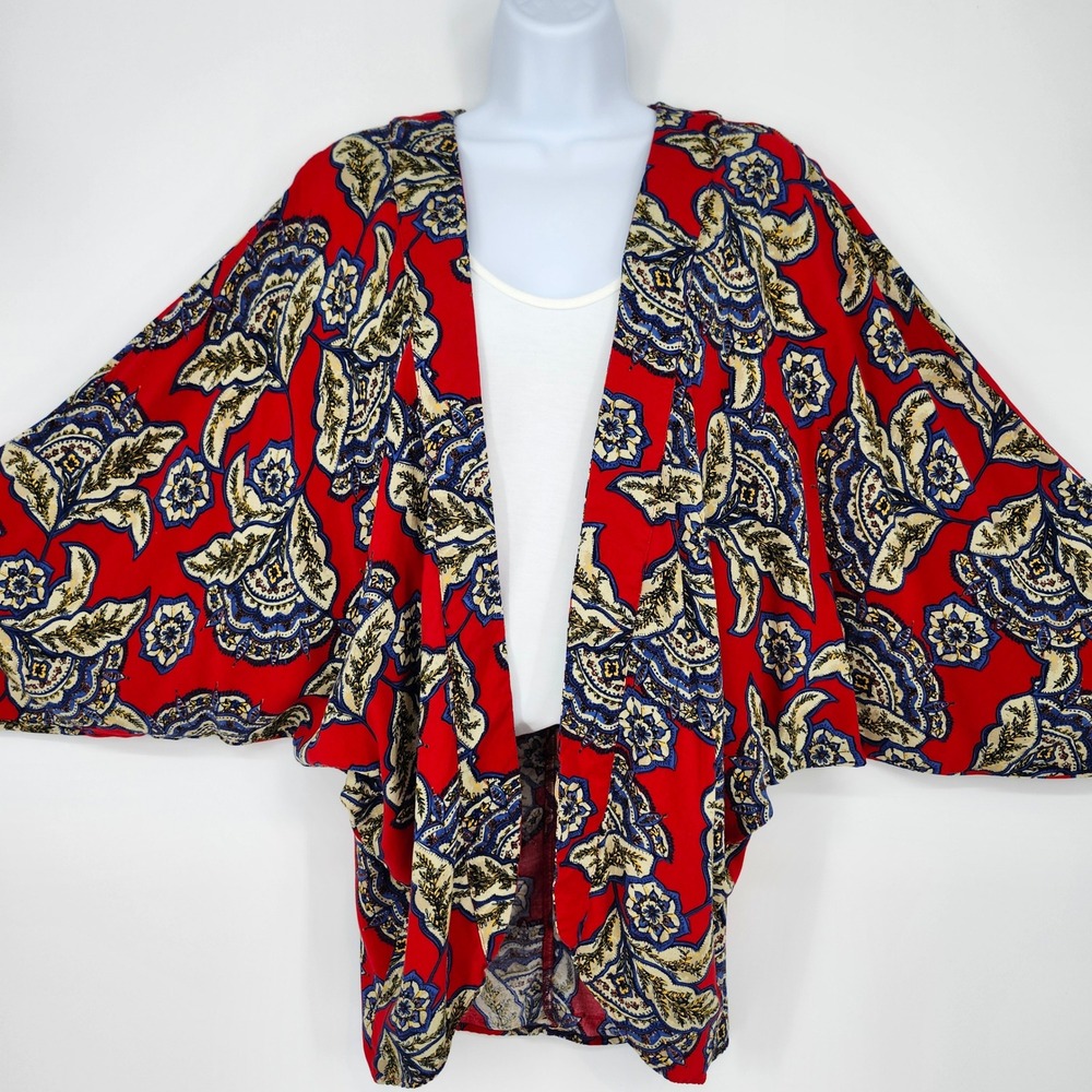Maurices Boho Festival Kimono Wrap Cardigan Size S/M Red Paisley Floral Layering